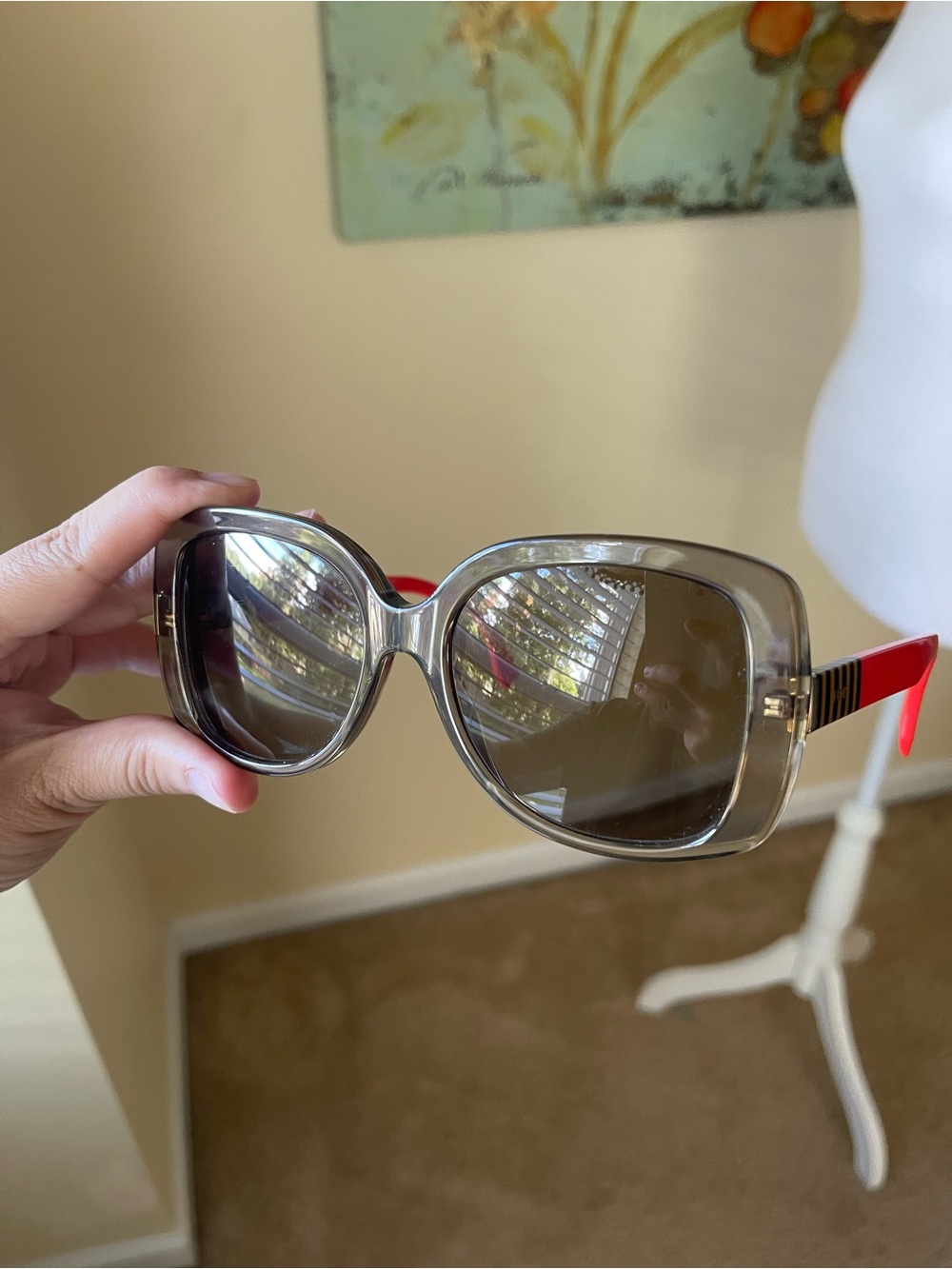 Fendi Oversized Gray Sunglasses with Red Temple Tips